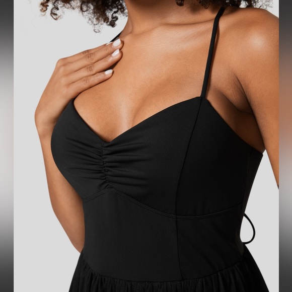 V Neck Ruched Backless Crisscross Lace Up Contrast Mesh Midi Casual Dress - Picture 3 of 6